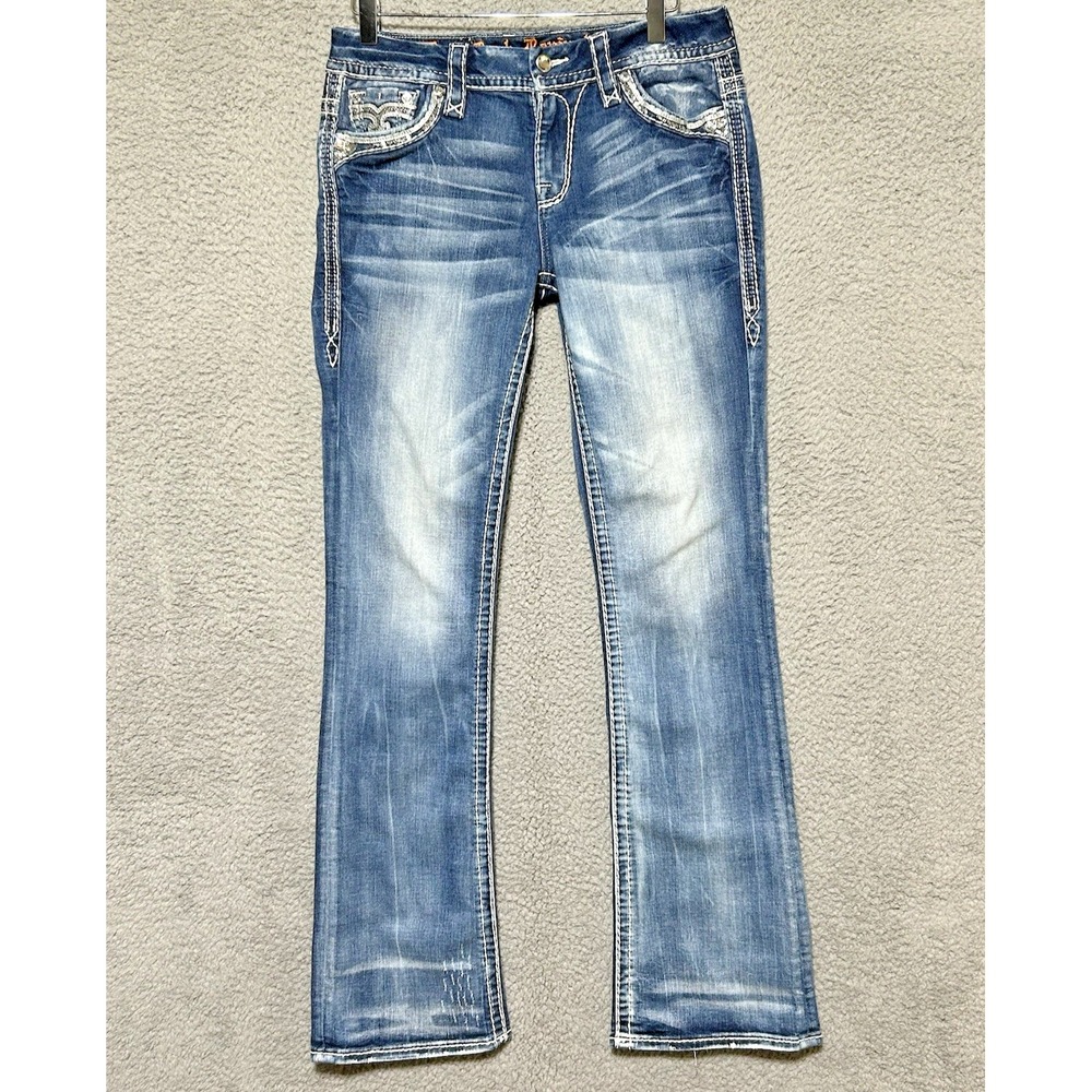 Rock Revival Easy Boot Size 27 Yui Rhinestone Jeans Bling Fleur De Lis Embroider